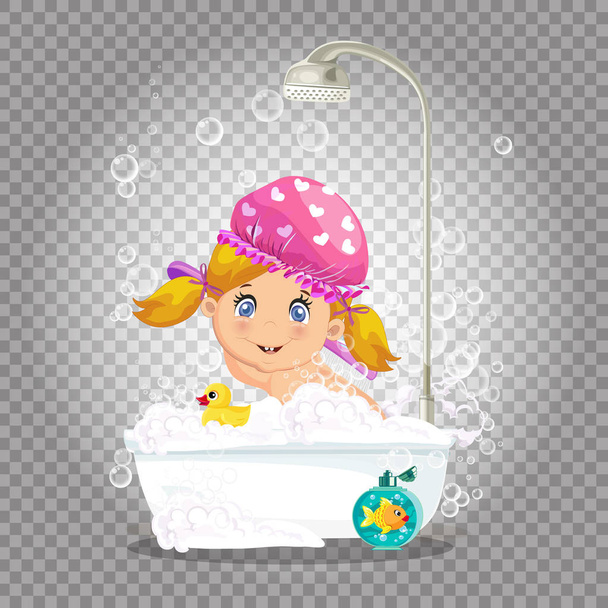 Baby in Bath., lány vesz Bubble Bath habbal - Vektor, kép
