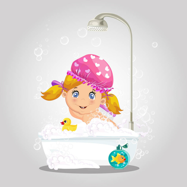 お風呂に入った赤ちゃん。泡風呂を取る女の子洗濯帽子 - ベクター画像