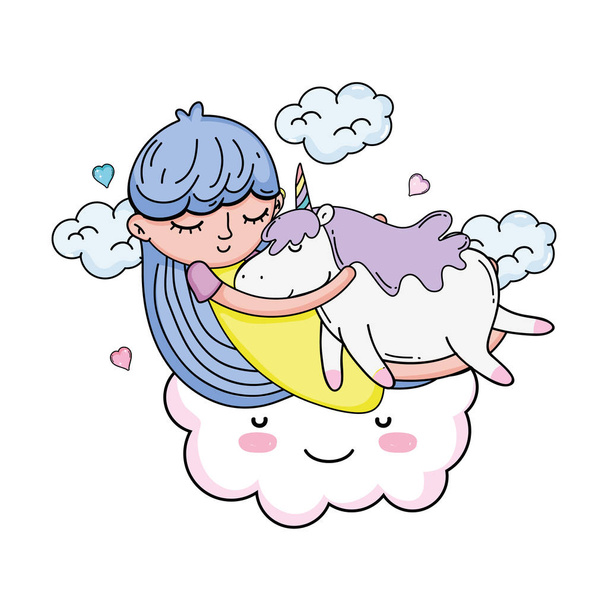 μικρό κορίτσι με μονόκερους και σύννεφο χαριτωμένο - Διάνυσμα, εικόνα