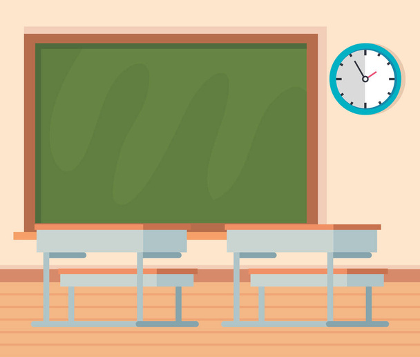 sala de aula acadêmica com mesas e quadro-negro com relógio
 - Vetor, Imagem
