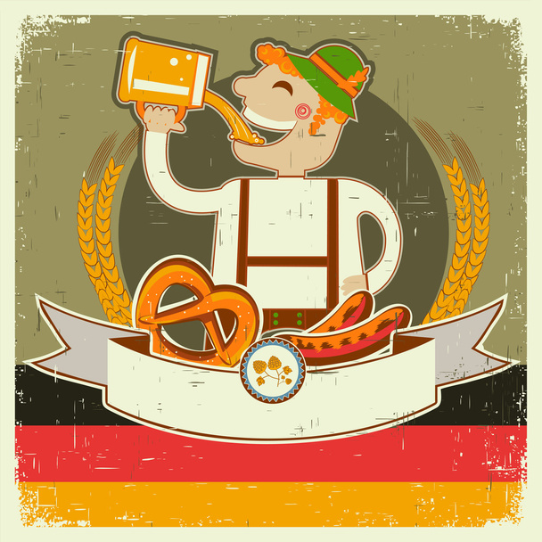 vintage oktoberfest posterl with German man and beer.Vector ill - Διάνυσμα, εικόνα