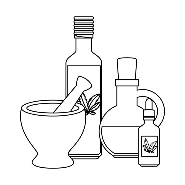 kenevir özü ürünleri ve öğütücü ile şişeler - Vektör, Görsel