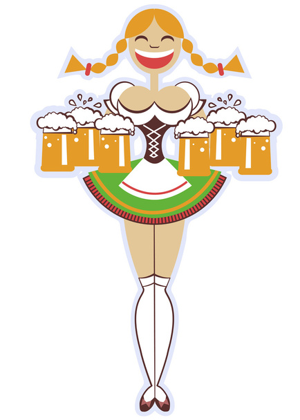 oktoberfest waitress with glasses of beer.Vector woman illustrat - Διάνυσμα, εικόνα