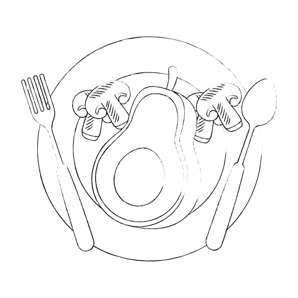 friss avokádó csészében gomba vegetáriánus ételekkel - Vektor, kép