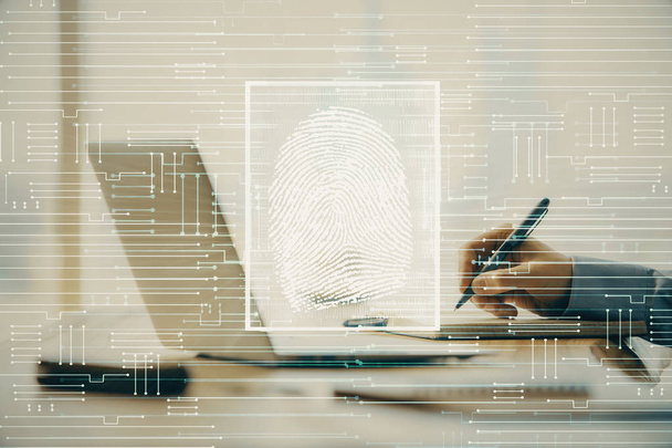 Hologramm des Fingerabdrucks mit einem Geschäftsmann, der am Computer im Hintergrund arbeitet. Sicherheitskonzept. Doppelbelastung. - Foto, Bild