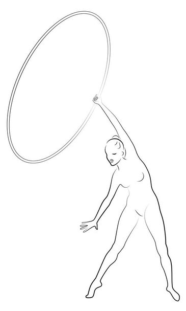 Ritmische gymnastiek. Silhouet van een meisje met een hoepel. Mooie gymnast. De vrouw is slank en jong. Vector illustation - Vector, afbeelding