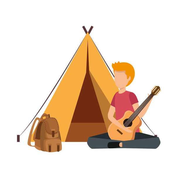 Genç adam kamp çadırı ve seyahat çantasıyla gitar çalıyor. - Vektör, Görsel