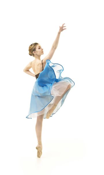 Girl in a blue skirt and a black leotard dance ballet. - Foto, Bild