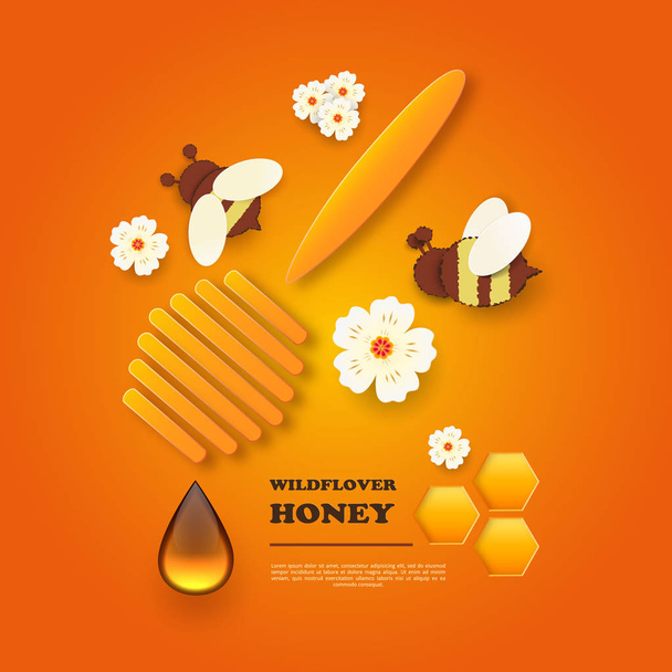 ハニカムを持った蜂のように切られた紙。養蜂や蜂蜜の広告のためのデザインテンプレート。オレンジの背景。テキストの場所です。ベクトル - ベクター画像