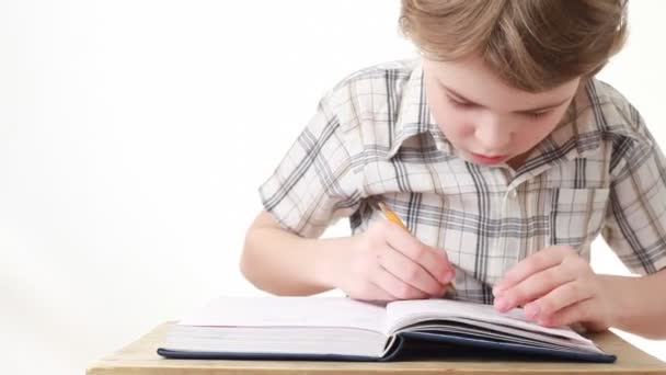 Sitting boy writing on notebook - Filmati, video