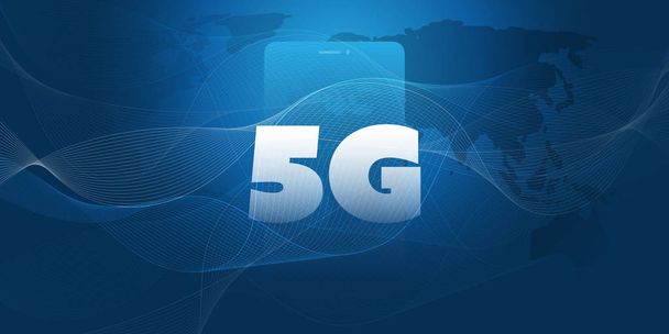5G Network Label in front of a Smart Phone. High Speed, Broadband Mobile Telecommunication and Wireless Internet Design Concept with World Map, Wavy Lines and Mobile Device  - Vector, Image