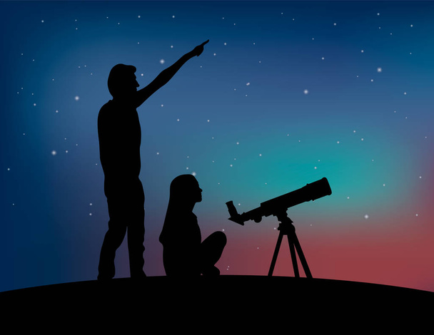 Yıldızlı gökyüzü arka planda teleskoplu birkaç kişinin silueti. İnsan gökyüzünü işaret etti - Vektör, Görsel