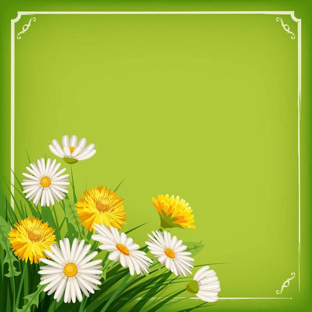 Fresh spring background with grass, dandelions and daisies. Vector, poster, template - Vector, Image