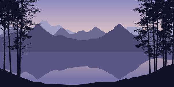 Illustration réaliste du paysage montagneux et vallonné avec forêt et arbres, rivière ou lac sous le ciel violet avec lever et lever du soleil - vecteur
 - Vecteur, image