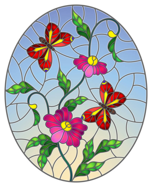 Illustration im Glasmalereistil mit abstrakten lockigen rosa Blüten und einem roten Schmetterling auf blauem Hintergrund, ovales Bild - Vektor, Bild