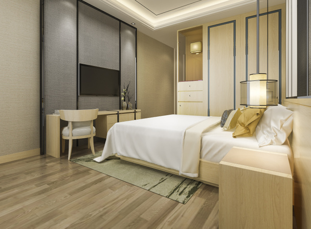 3D καθιστώντας όμορφη πολυτελή σουίτα υπνοδωμάτιο στο ξενοδοχείο με τηλεόραση και τραπέζι εργασίας - Φωτογραφία, εικόνα
