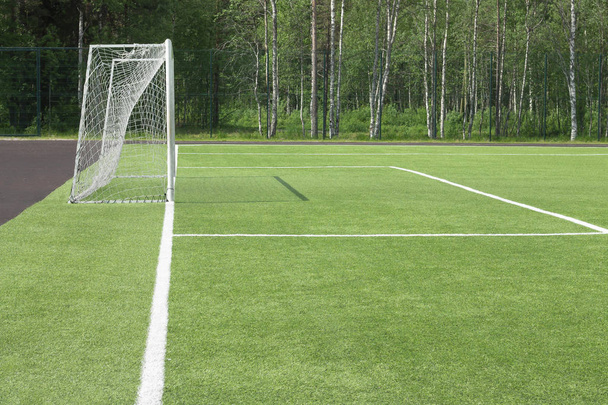 Football goal in the field. From which the shadow on a green gra - Fotografie, Obrázek
