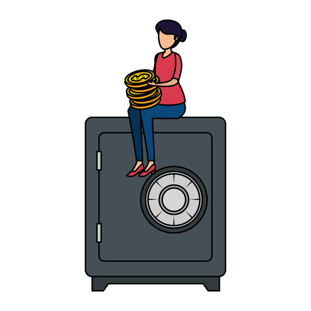 молодая женщина с монетами в сейфе
 - Вектор,изображение
