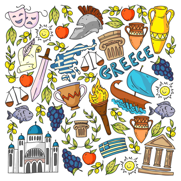 Yunanistan elemanları seyahat. Dergi, Web, Turizm için Yunanistan sembolleri - Vektör, Görsel