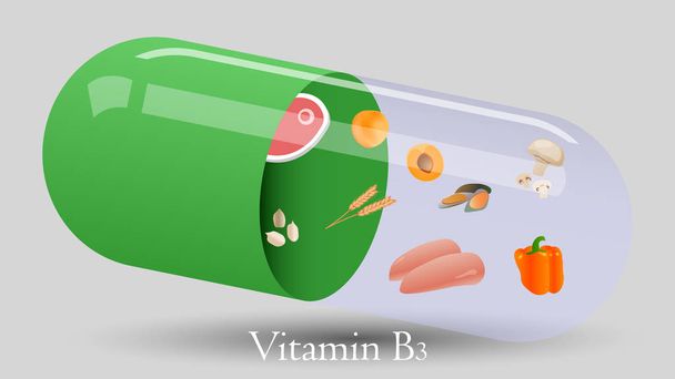 Vektorový design prášku vitamínu. Vektorový obrázek vitamínu B3 - Vektor, obrázek