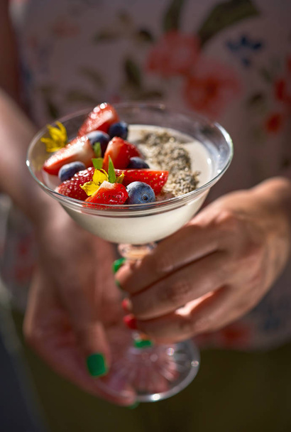 Dessert panna cotta with daisy flower in female hands. Fresh strawberries and berries on wooden background, selective focus. - Photo, Image
