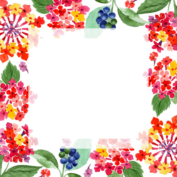 Botanische Blüten der roten Lantanas. Aquarell Hintergrundillustration Set. Rahmen Rand Ornament Quadrat. - Foto, Bild