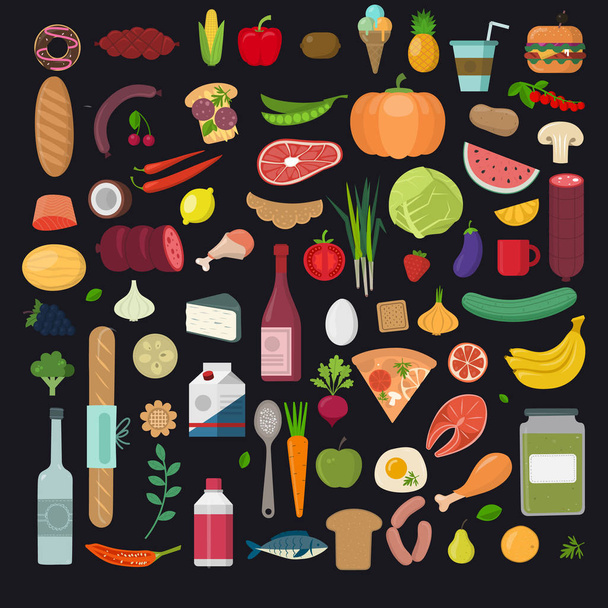 Healthy food vector illustration. Vegetables, fruits, meat in flat style. Organic food set. - Vector, imagen