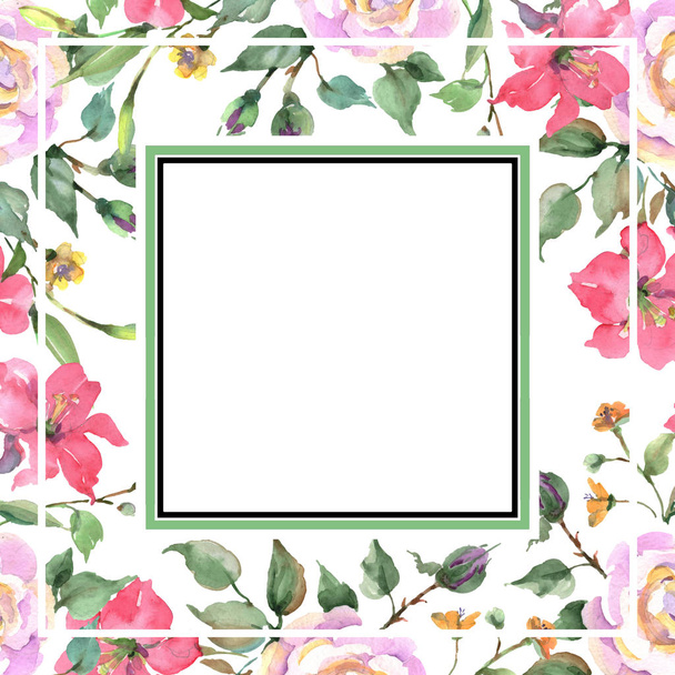 ピンクのバラの花束花植物の花。野生の春の葉の野生の花が孤立しました。●水彩背景イラストセット。水彩画ファッションアクアレル。フレームボーダーオーナメント正方形. - 写真・画像