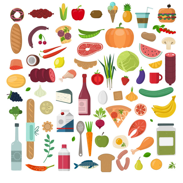 Ilustración saludable del vector alimenticio. Verduras, frutas, carne en estilo plano. Set de alimentos ecológicos
. - Vector, imagen