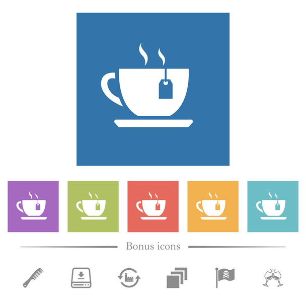 Cup of tea with teabag flat white icons in square backgrounds - Vector, Image