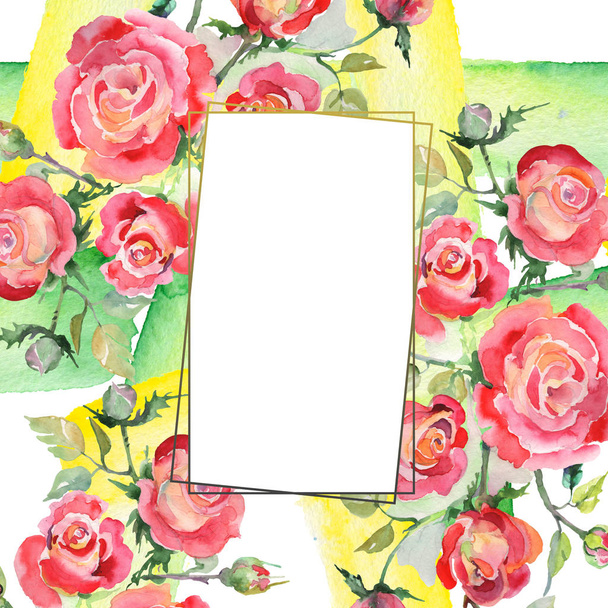 Red rose bouquet floral botanical flowers. Watercolor background illustration set. Frame border ornament square. - 写真・画像