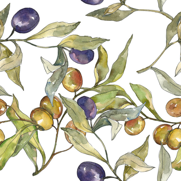 Olive branch with black and green fruit. Watercolor background illustration set. Seamless background pattern. - Fotó, kép