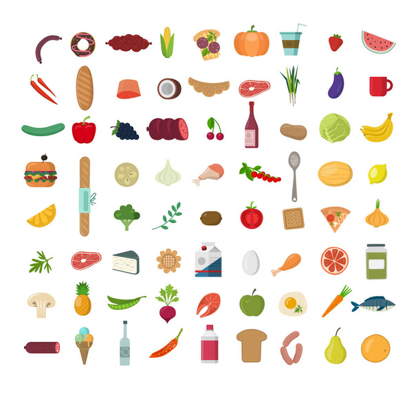 Big set of  colored  food Icons. Collection of various meal, fish and meat, vegetables and bread. - Vector, imagen