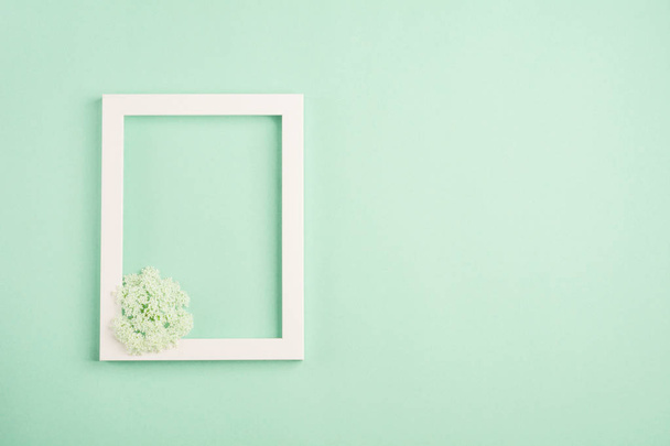 Beautiful white flowers and blank frame on pastel mint background. Soft light color. Top view, copy space. - Foto, Imagem