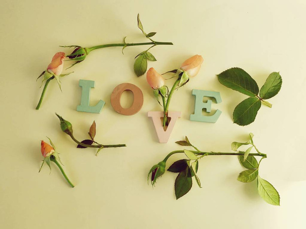 The word love is decorated with multicolored letters with rosebuds, petals and hearts, a romantic greeting - Photo, Image