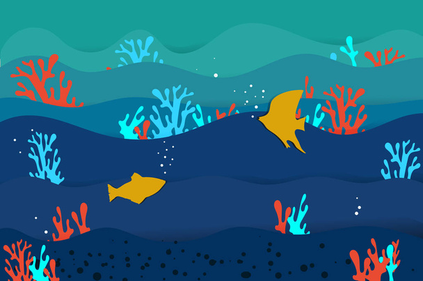 Paper cut. Yellow fish and corrals on the waves. - Vector, Image