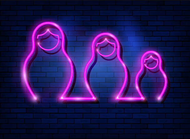 Neon sign Russian nesting dolls matrioska, set lighted sign icon symbol of Russia. Pink set neon Matryoshka fashion style, vector isolated on dark blue brick wall background - Vector, Image