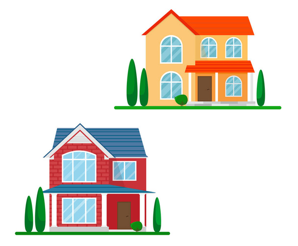 Két ház vagy vidéki házak egy kis tereprendezés a rajzfilm stílusú lakás. Vektorizolátumok fehér alapon. - Vektor, kép