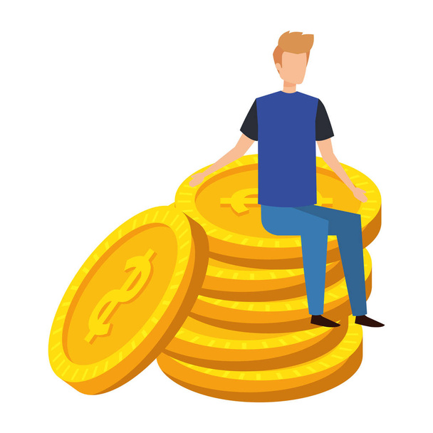 young man seated in coins cash money dollars - Vector, Image