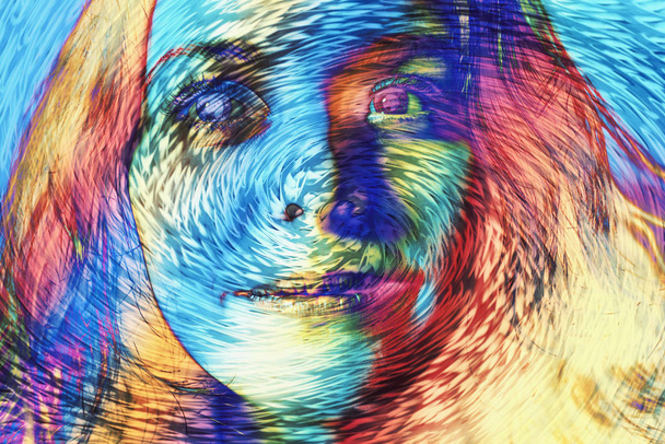 Mooi abstract beeld van meisje in fluorescerende licht van nachtclub. Ongebruikelijk portret van mooi meisje dat heldere varicolored droom ziet. Hallucinogeen mensen. - Foto, afbeelding