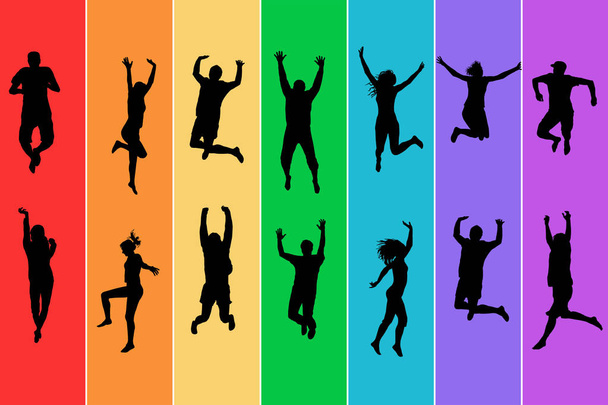 Silhouettes of people jumping on rainbow background - Vector, Image