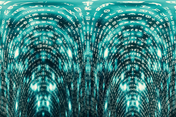 Blue matrix digital background. Distorted cyberspace concept. Characters fall down. Matrix from symbols stream. Virtual reality design. Complex algorithm data hacking. Cyan digital sparks. - Photo, Image