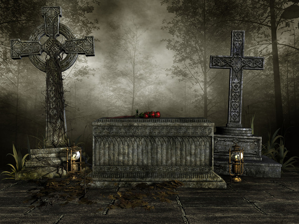dunkler Friedhof mit Kreuzen - Foto, Bild