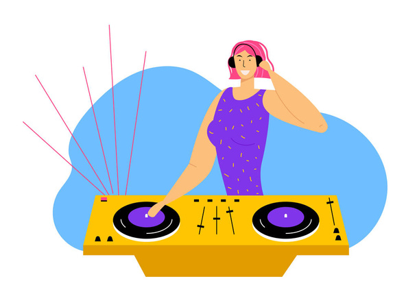 Młoda, wesoła Dj Girl z różowymi włosami i słuchawkami Remiksowanie muzyki na kontrolerze Midi w Night Disco Club Party. Multimedia, Nocne życie i rozrywka Concept, Cartoon Flat Vector Ilustracja - Wektor, obraz