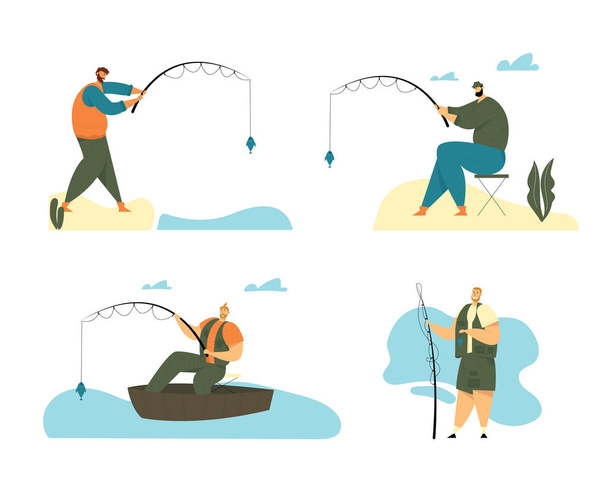 Людина риболовлі хобі Set. Рибак сидить на човні і стояти на узбережжі з стрижня ловити рибу, розслабляючий літній хобі, Fishman відпустку, проводити час, дозвілля, розслабитися. Мультфільм плоский Векторна ілюстрація - Вектор, зображення