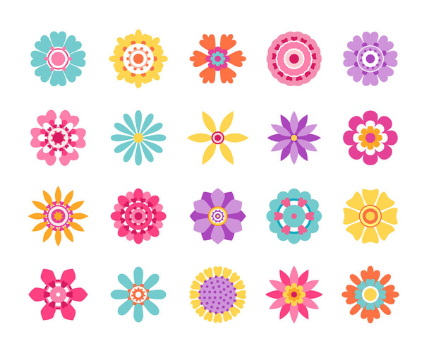 Ikony kwiat kreskówki. Śliczne letnie naklejki i wzór natury, retro Daisy clip art zestaw. Wektor nowoczesny zestaw stylizowany kwiat - Wektor, obraz