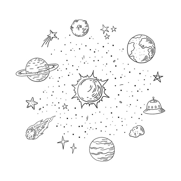 Sistema solar Doodle. Espaço desenhado à mão na moda, elementos de astronomia do cometa meteoro do planeta. Lineart vetorial
 - Vetor, Imagem