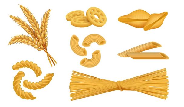 Reális makaróni. Olasz tésztafélék, tésztafélék spagetti fusilli búza élelmiszer, 3D-s különböző száraz makaróni meg. Izolált vektoros objektumok - Vektor, kép
