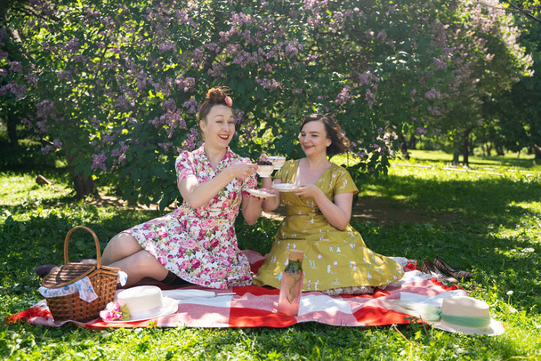 dos hermosas señoras pin up teniendo buen picnic en el parque de la ciudad en un día soleado juntos. chicas amigos disfrutan del calor del tiempo de verano. hermosas hembras en estilo retro vintage se relajan en la hierba
. - Foto, Imagen