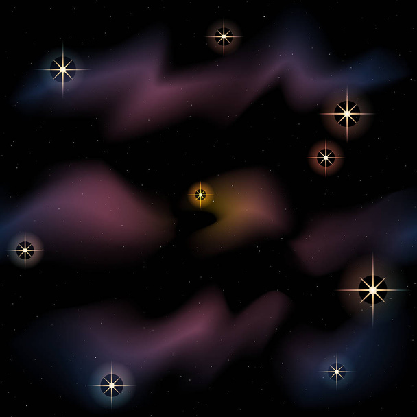 輝く星と星雲と夕暮れの色の空間の背景。グラフィックスはグループ化され、複数のレイヤーに分かり、簡単に編集できます。ファイルは任意のサイズに拡大縮小できます。. - ベクター画像